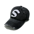 Close-up of vintage black denim baseball cap with distressed holes and white S embroidery - M(56-58cm) / Black