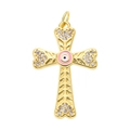 Gold cross pendant with pink evil eye and heart ends crafted from zircon and copper - Pendant 13 (Gold Pink Eye Heart Cross)