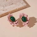 Detail von rosa Blütenblatt-Ohrringen mit grünem ovalem Edelstein im Vintage-Stil - Rosa Grün (Silbernadel)