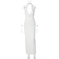 Elegant white halter neck maxi dress with deep V-neck and ruched pleated details - S / White