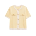 Detail of pale yellow knit cardigan with contrast white trim and embossed gold buttons - Light Yellow