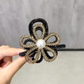 Elegant black mesh hair claw with gold rhinestones and pearl flower detail - Rhinestone Flower / Champagne