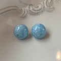 Blue and white marble pattern resin sphere stud earrings with s925 silver needles - Silver Earring Post-Blue