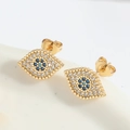 Golden Evil Eye stud earrings with blue zircon micro-paving in a floral motif - Sunflower Evil Eye - Sapphire Blue
