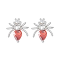 Silver spider stud earrings with pear-cut red gemstone and clear zircon accents - Red Spider (White Gold Plated)
