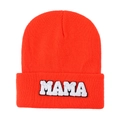 Detail of bright orange knit beanie featuring white towel-embroidered MAMA lettering - Orange Red