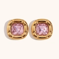 Vintage 18K gold plated square earrings with pink crystal stones and radial texture - Stud Earrings / Gold - Pink Zircon
