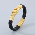 Bracelet punk homme en cuir tressé noir avec fermoir en acier inoxydable doré - 23CM / Style de Chaîne à Verrouillage Dorée (KB47342-D)