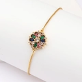 Detailed shot of gold bracelet with colorful floral zirconia and adjustable box chain - Sunflower Style (款式一)