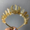 Golden crown headband with natural yellow citrine crystals and filigree crescent moon - Yellow Citrine Large Hollow Moon