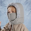 Kids grey winter hooded mask with plush lining and adjustable drawstrings for outdoor sports - Light Gray (Kids)