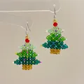 Macro detail of hand-beaded crystal Christmas tree earrings with red bow accents - Christmas Tree-Silver Hook