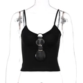 Detail of black cropped camisole featuring hollow-out front and metallic ring accent - S / Black