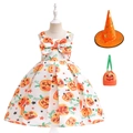 Girls' Halloween witch costume featuring pumpkin print dress with hat and matching bag - 100cm / WS013-White (Bag+Hat)