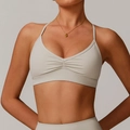 Light grey V-neck sports bra with thin straps and delicate ruched front details - S / Grey Apricot