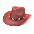 Detail of red glitter cowboy hat featuring black leather band and silver metal rivets - Red