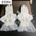 Detail of white bridal satin gloves featuring lace ruffles, pearls, and flower embellishments - White Satin Mesh Pearl Flower (ST094)