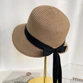 Coffee brown woven straw bucket hat with black ribbon bow for summer sun protection - Khaki Black Band Boater