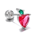 Red heart-shaped apple piercing stud with green leaf zircon and screw ball back - Silver Apple