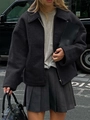 Women casual dark grey wool short jacket with zipper and lapel in streetwear style - S / Black