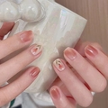 Pink gradient press-on nails featuring delicate red tulip floral art and glossy finish - R808 Rain-soaked Rose / Nail Glue Version