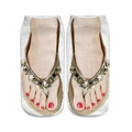 Detail of 3D flip-flop print socks with golden star flip-flops and red nails - Diamond Style