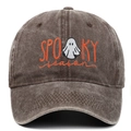 Detail of embroidered Spooky Season text and ghost icon on washed cotton baseball cap - Adjustable / Coffee