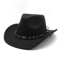 Black wool felt western cowboy hat with ethnic turquoise beaded band from 45-degree angle - Black