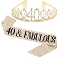Golden 40th Birthday set with rhinestone crown and 40 & Fabulous glitter sash - Gold 40 & Fabulous Set