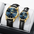 Couples quartz watches with gold case, blue dial, and black leather strap in gift box - Black Strap Gold Case Blue Dial