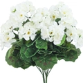 Artificial white geranium silk flowers with yellow cores and realistic green leaves - 14" / White