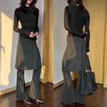 Slim fit black long sleeve wool T-shirt paired with matching skirt-over-trousers layering - S / Black