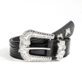 Detail of black faux crocodile leather belt with sparkling rhinestone butterfly buckle - Rhinestone Butterfly Leather Style