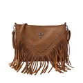Brown PU crossbody bag featuring fringe tassels, vintage silver cross and metal studs - Brown