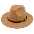 Classic camel wide brim fedora hat with black leather belt and golden metal buckle - M (56-58cm) / Camel (Black Leather Band)
