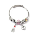 Silver woven steel cable bracelet with pink crystal beads and heart lipstick charms - Lipstick Heart Lock (C1-017) / Pink