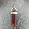 Hexagonal red quartz point pendant with silver metal clasp on black leather - Synthetic Bright Red Glass