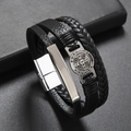 Mehrlagiges schwarzes geflochtenes Lederarmband für Herren mit silbernem Magnetverschluss - Schwarz