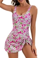 Detail of floral one-piece swim dress featuring side drawstring and elegant knot design - XS / Top And Bottom / Purple Base Flowers