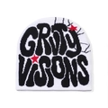 Close-up of GRIM VISIONS text and red star jacquard pattern on white knitted beanie - White with Black Letters