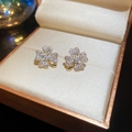Macro shot of sparkling clover earrings with pavé zircons in a premium jewelry box display - Gold
