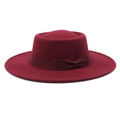 Elegant wine red wool felt flat top hat with matching ribbon and bow detail - M (56-58cm) / Burgundy