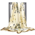 Elegant 90cm beige satin scarf with yellow lily and sunflower prints on a metal stand - Khaki Kapok