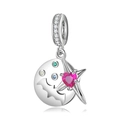 Pendentif en argent S925 avec pierre rose, lune et chauve-souris pour bracelets Halloween - Argent Sterling 925 / Style Étoile Cœur Chauve-souris (PD0641)