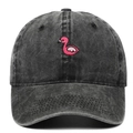 Vintage washed charcoal cotton baseball cap featuring a pink flamingo embroidery - Adjustable / Black