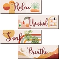 Boho wooden wall signs set featuring Relax Unwind Soak Breathe text and botanical art - Style F Boho (HDF/Triangle Hook)