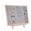 Solid wood jewelry box with grey velvet slots for rings and necklaces in easel style - Flat + Ring Grey Velvet + Stand