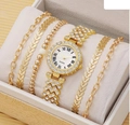 Golden 5-piece quartz watch and bracelet set with Roman numerals and crystals - Watch Bracelet Set (Without Box)