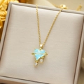 Titanium steel heart pendant necklace with light blue stone and gold chain for women - Gold