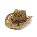 Cappello da cowboy etnico in paglia con trama traforata e nastro con perline - Cachi